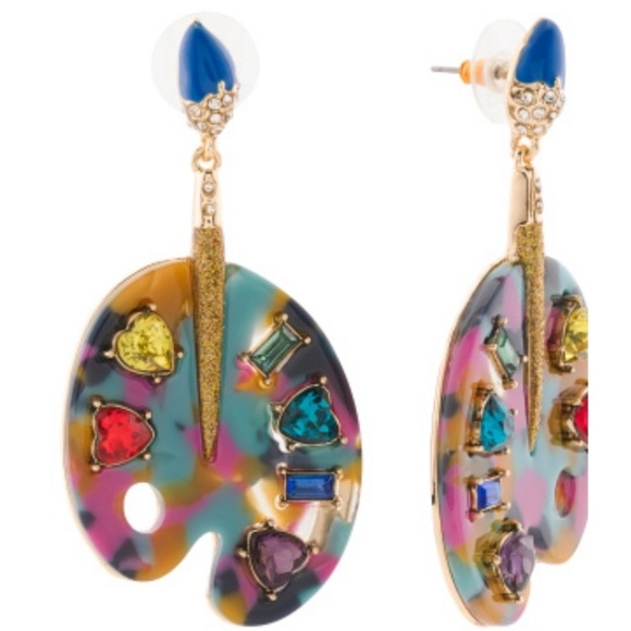 Betsey Johnson Artist Palette Paint Brush Color Me Happy Resin Drop Earrings NWT - Picture 3 of 7
